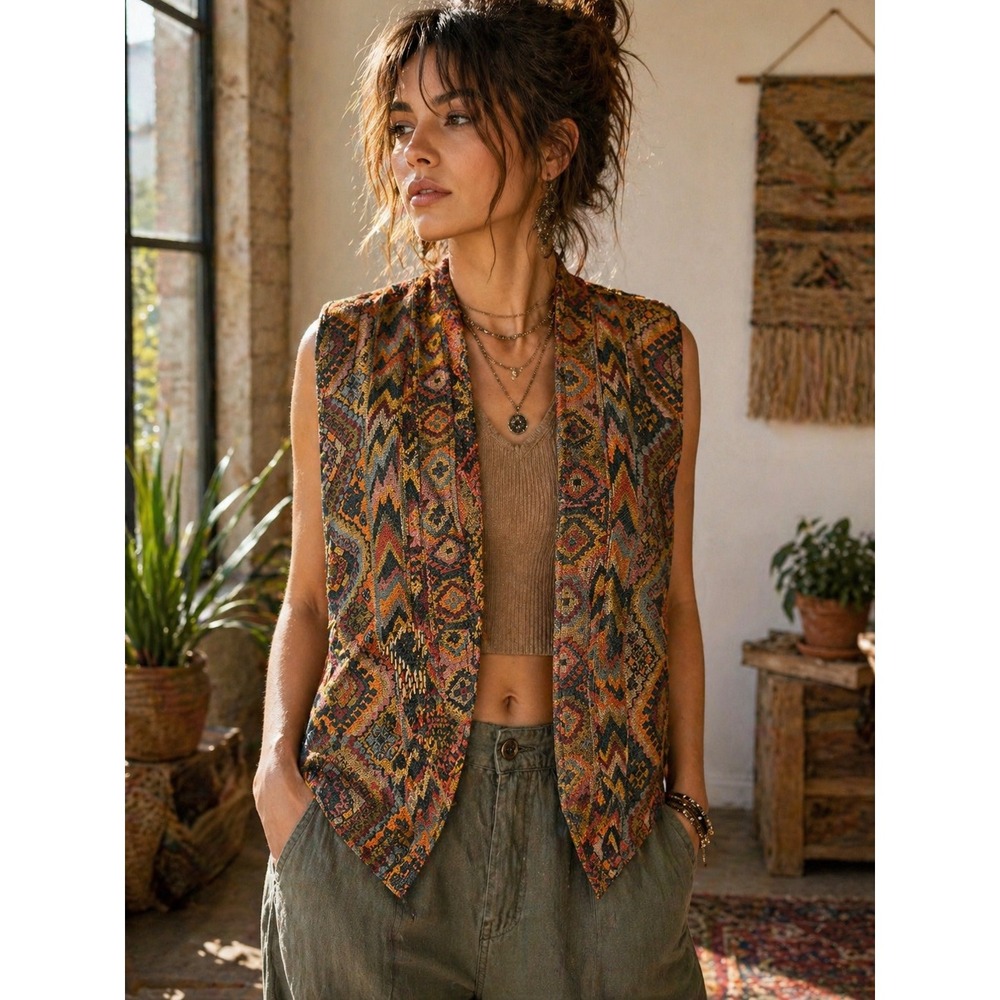 Willowbend Vintage Tapestry Vest Womens Small Multi Geometric Woven USA Made